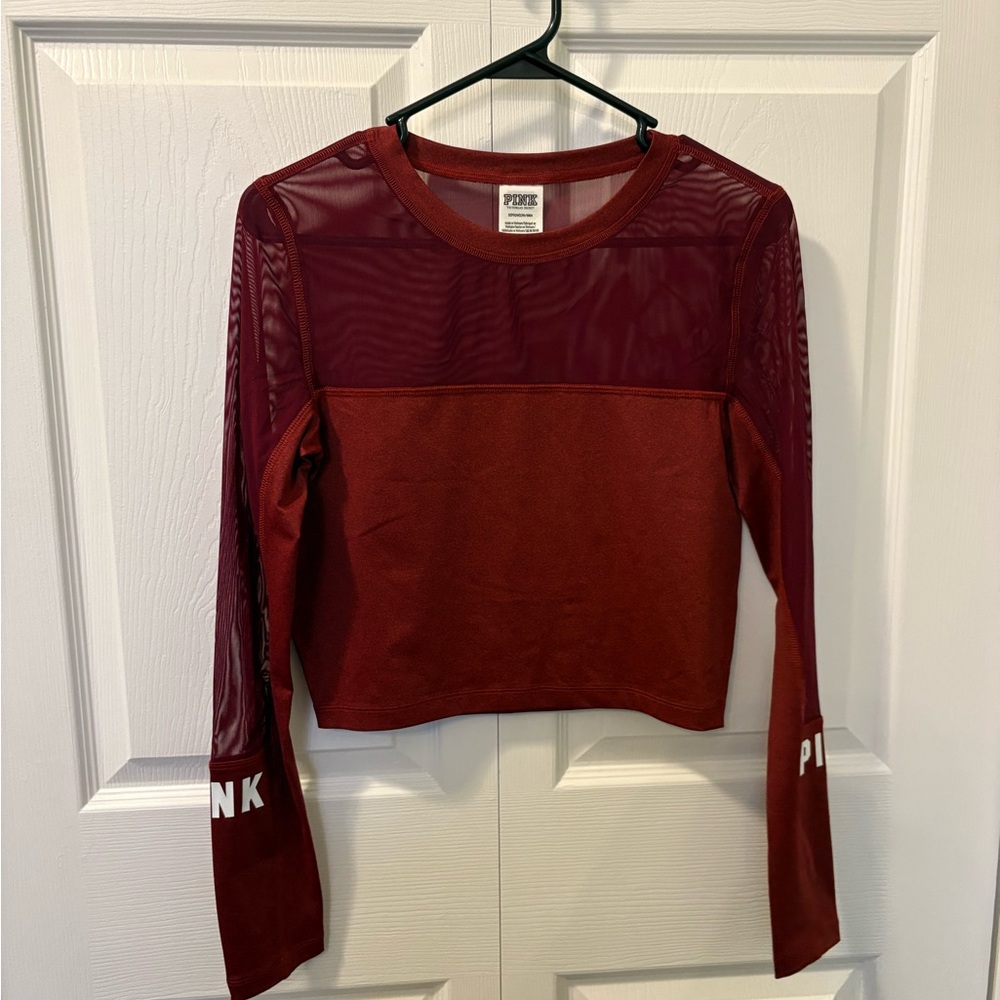 PINK Victoria's Secret Burgundy Mesh Sleeve Crop Top